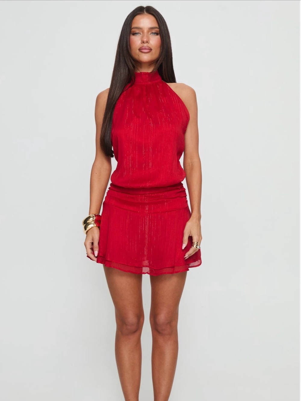 Princess Polly Shimmery Red Halter Minidress Maelis Backless Romper Red